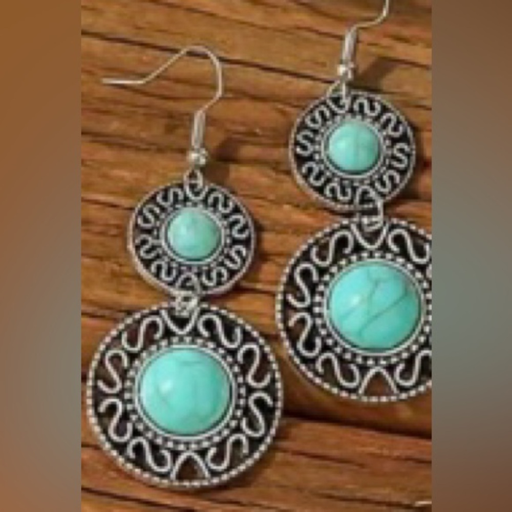 *FREE GIFT GIVEAWAY* NEW faux Turquoise Earrings, 
Silvery discs
